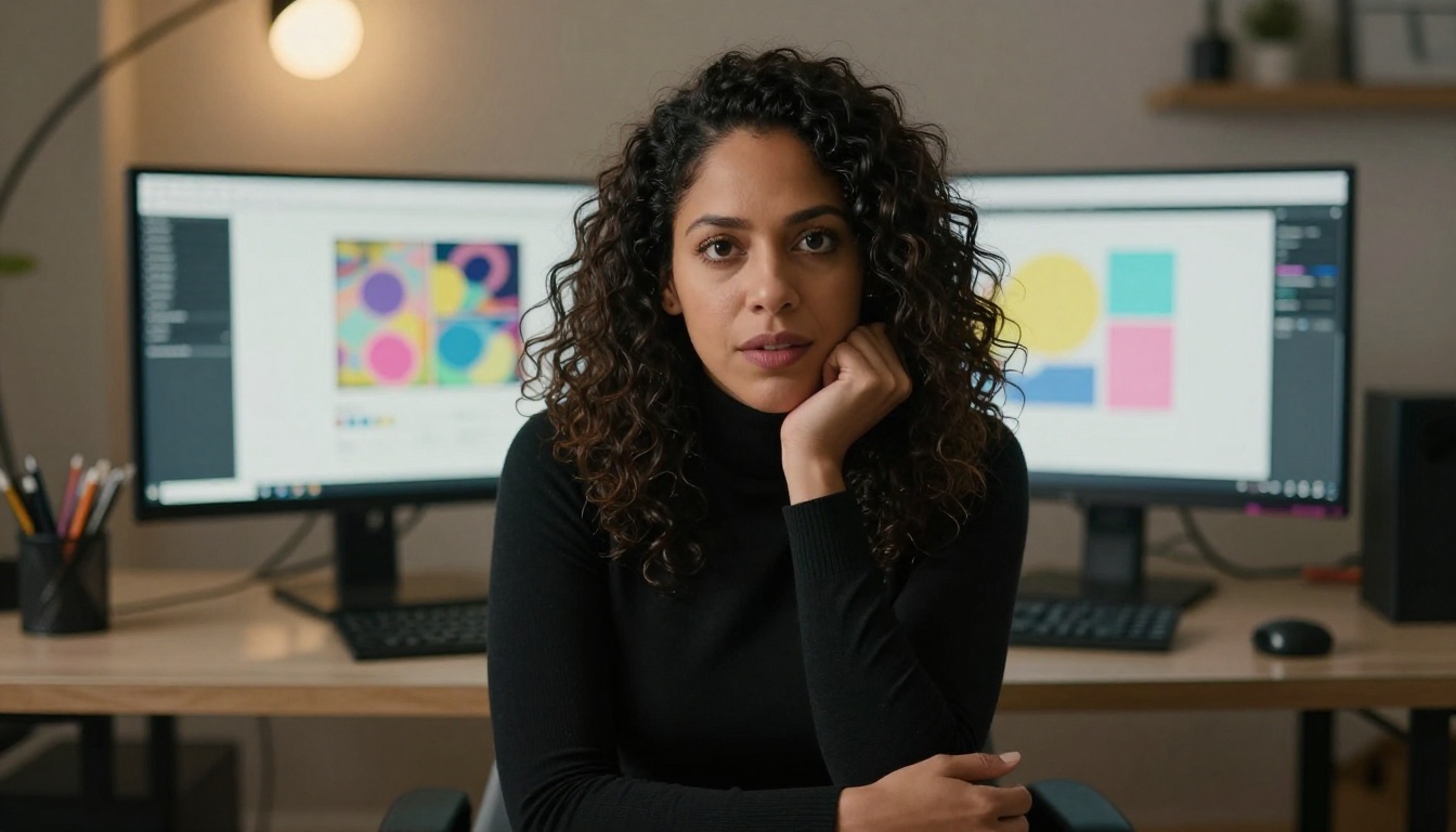 Confident Latina woman at creative home office setup