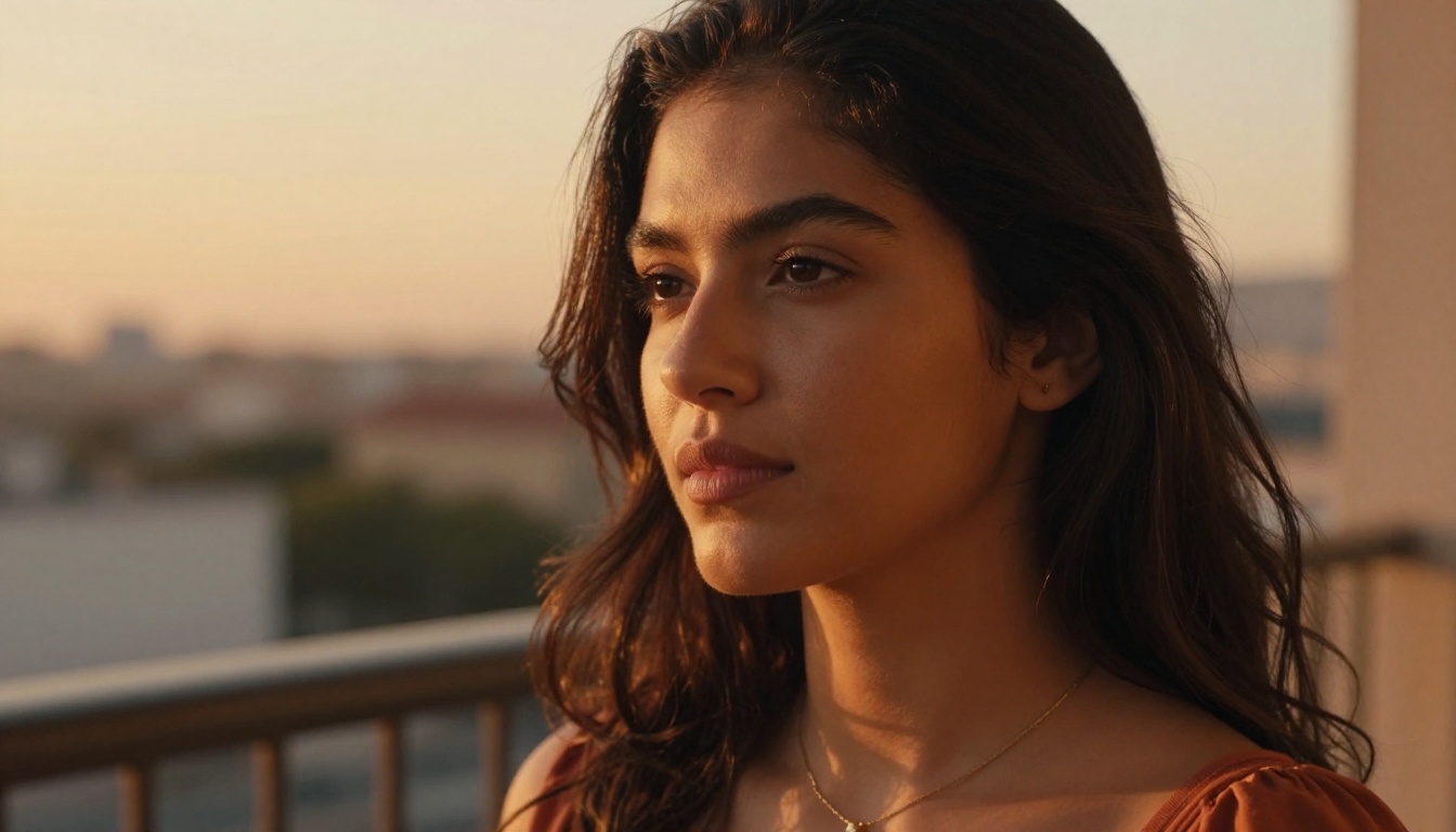 Latina woman in golden light, thoughtful and at peace