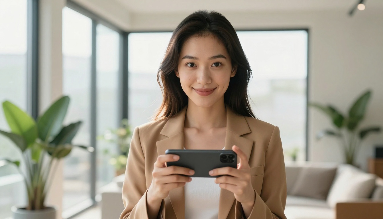 A confident East Asian woman holding her phone against her chest, looking directly at the camera with a warm knowing smile, minimalist apartment with clean natural light