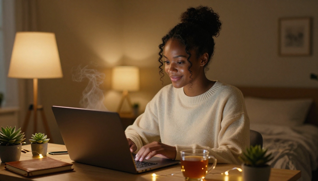 Woman at warm cozy desk smiling at her screen