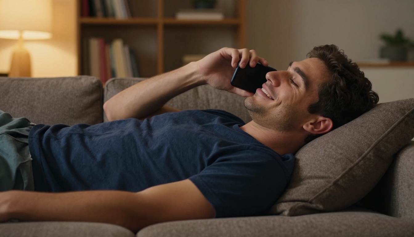 Man relaxed at home, at ease with his phone above him