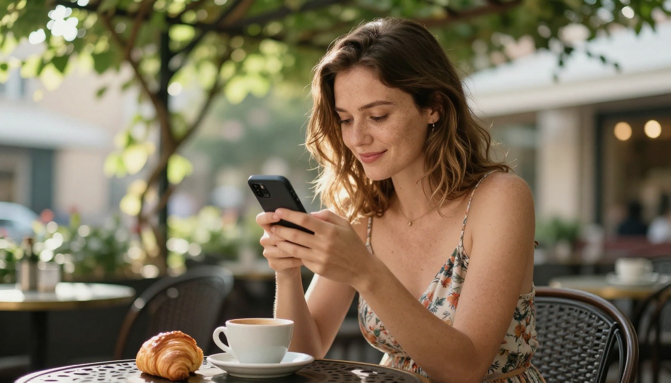 European woman at sunlit cafe, privately smiling at her phone