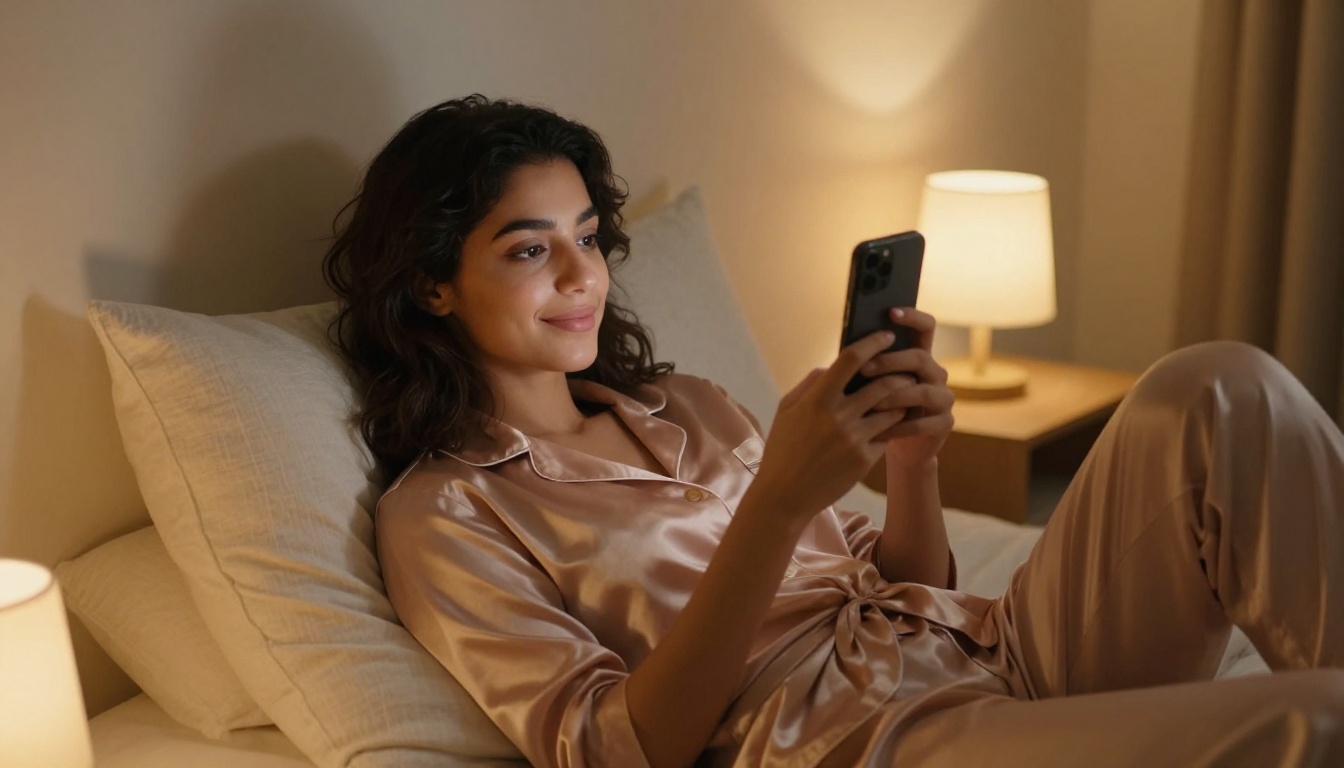 Woman in warm bedroom light, peaceful and content with her phone