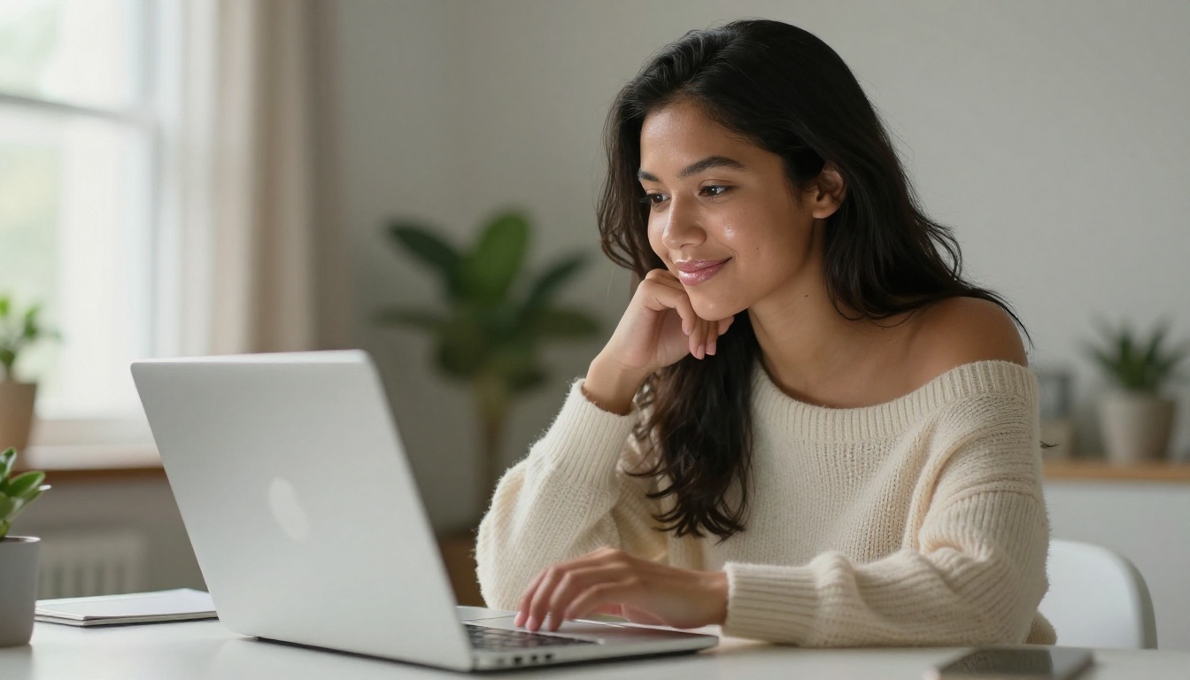 A beautiful Latina woman gazing thoughtfully at her laptop screen in warm natural daylight
