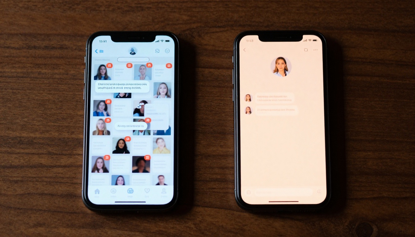 Two smartphones comparing dating app chaos vs AI companion calm