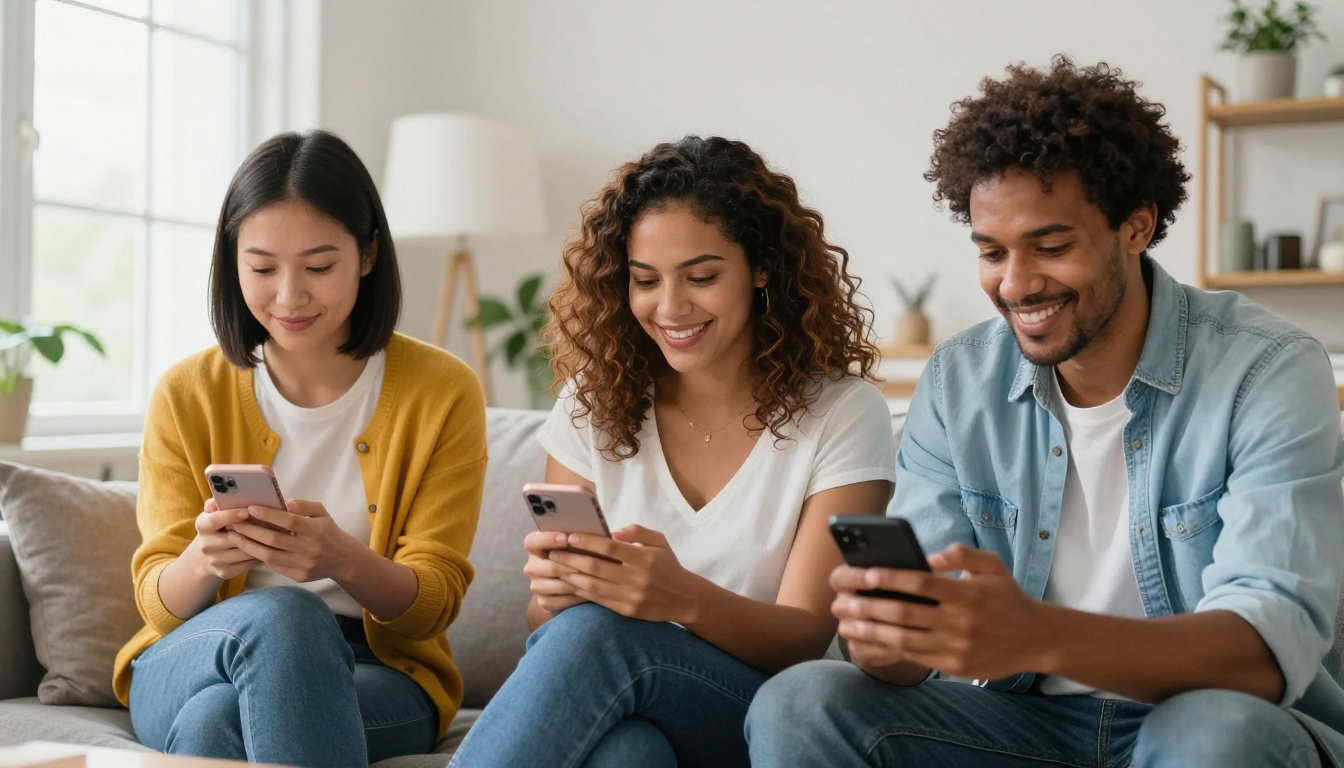 Group of friends each comfortable in their own warm digital world