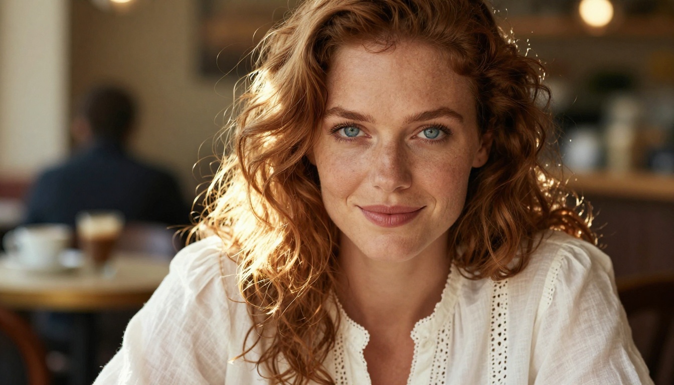A European woman with auburn hair smiling confidently at a sunlit cafe table with coffee