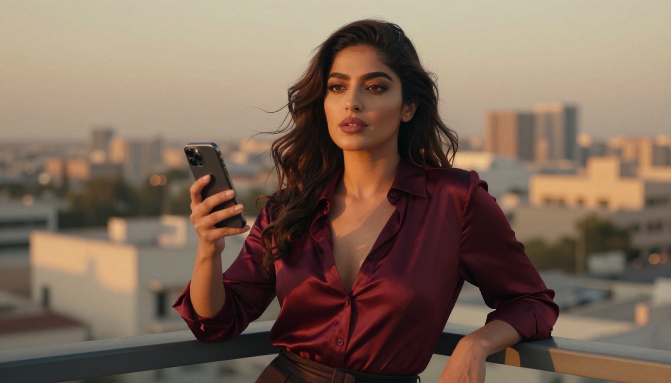 A Middle Eastern woman on a rooftop terrace at golden hour, holding her phone with city glow behind her