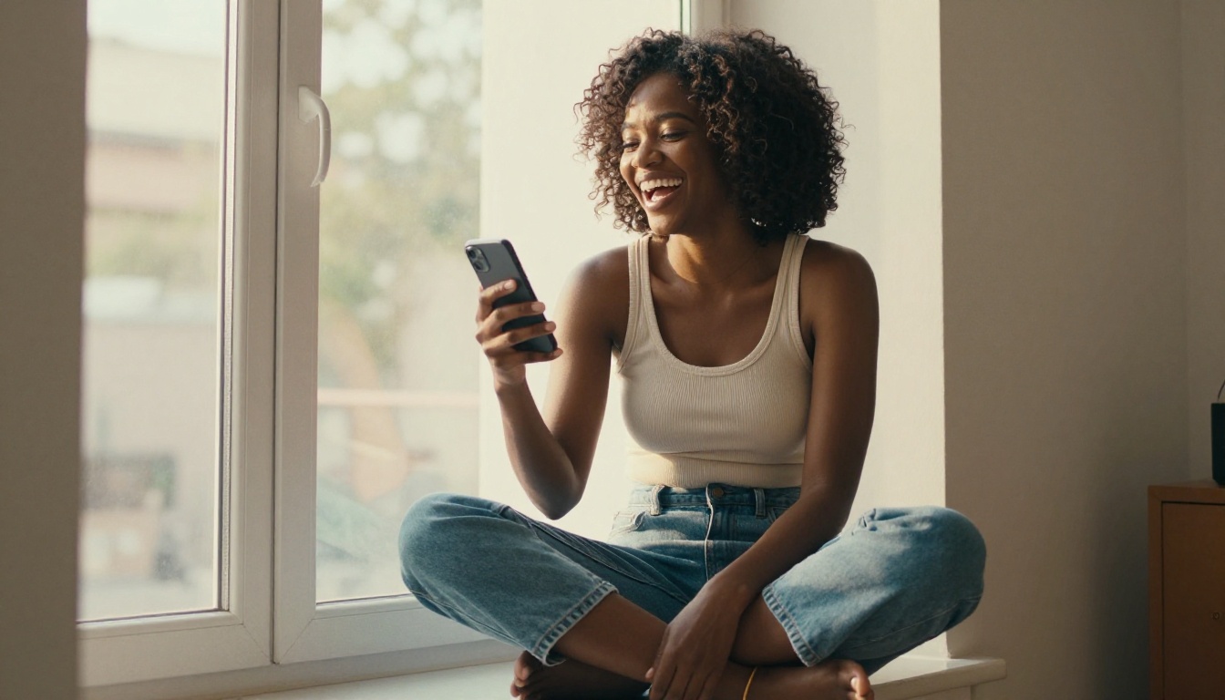 A joyful African woman laughing spontaneously while looking at her phone on a sunny window seat