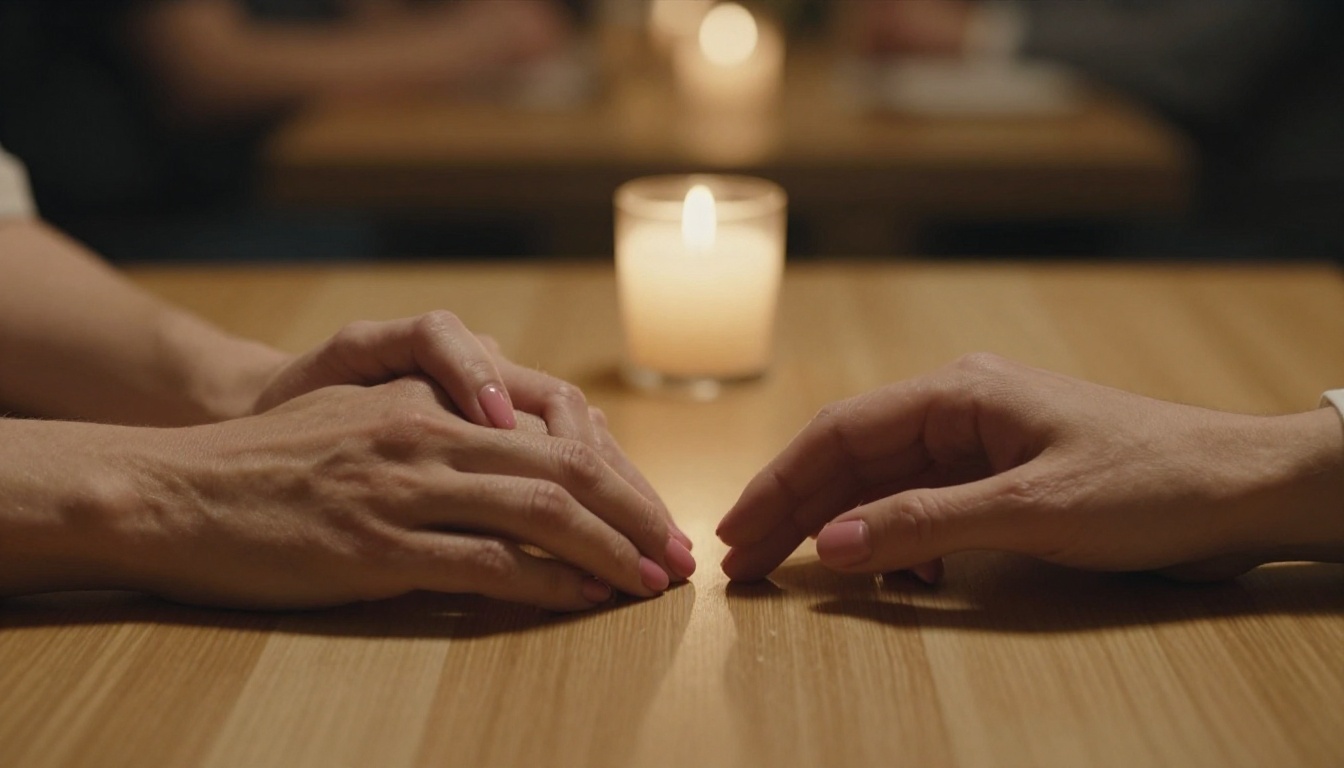 Two pairs of hands almost touching across a candlelit restaurant table, romantic emotional tension