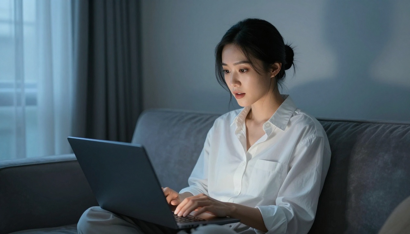 A woman browsing NSFW AI video tools on a laptop in a modern apartment
