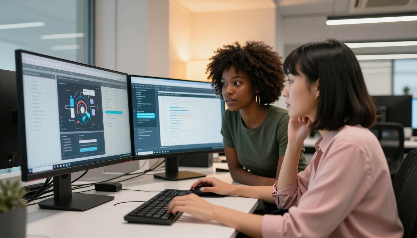 Two women comparing AI video tools on dual monitors at a creative workspace