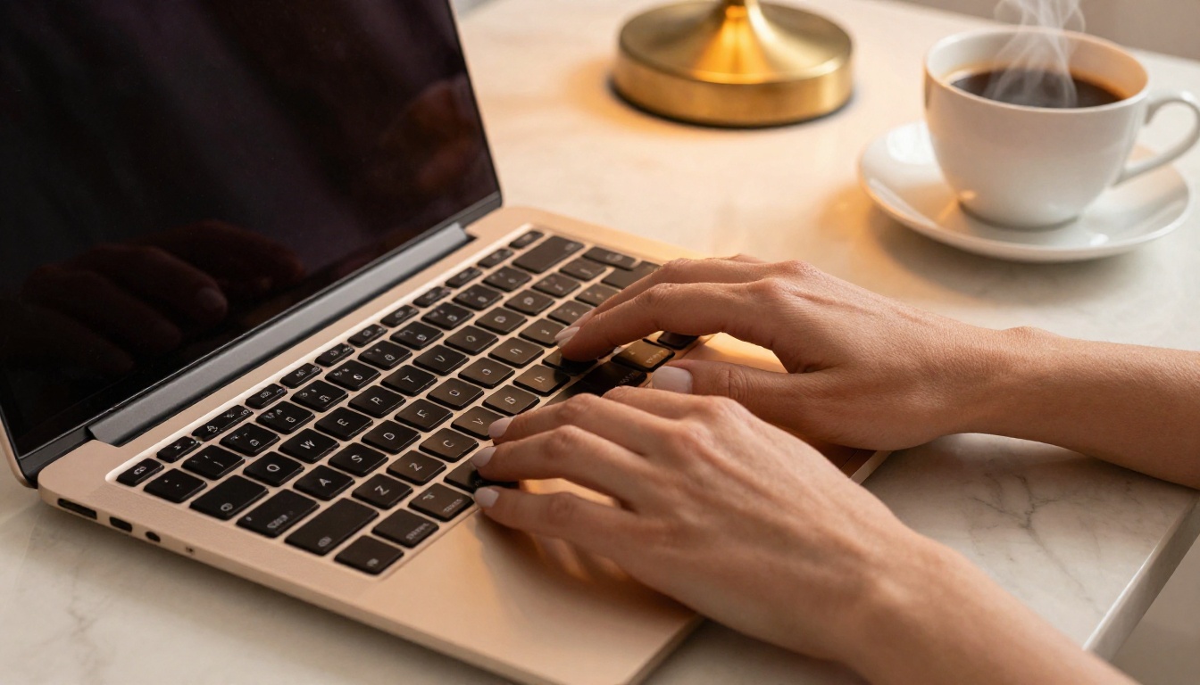Hands typing on a laptop, creating AI video content