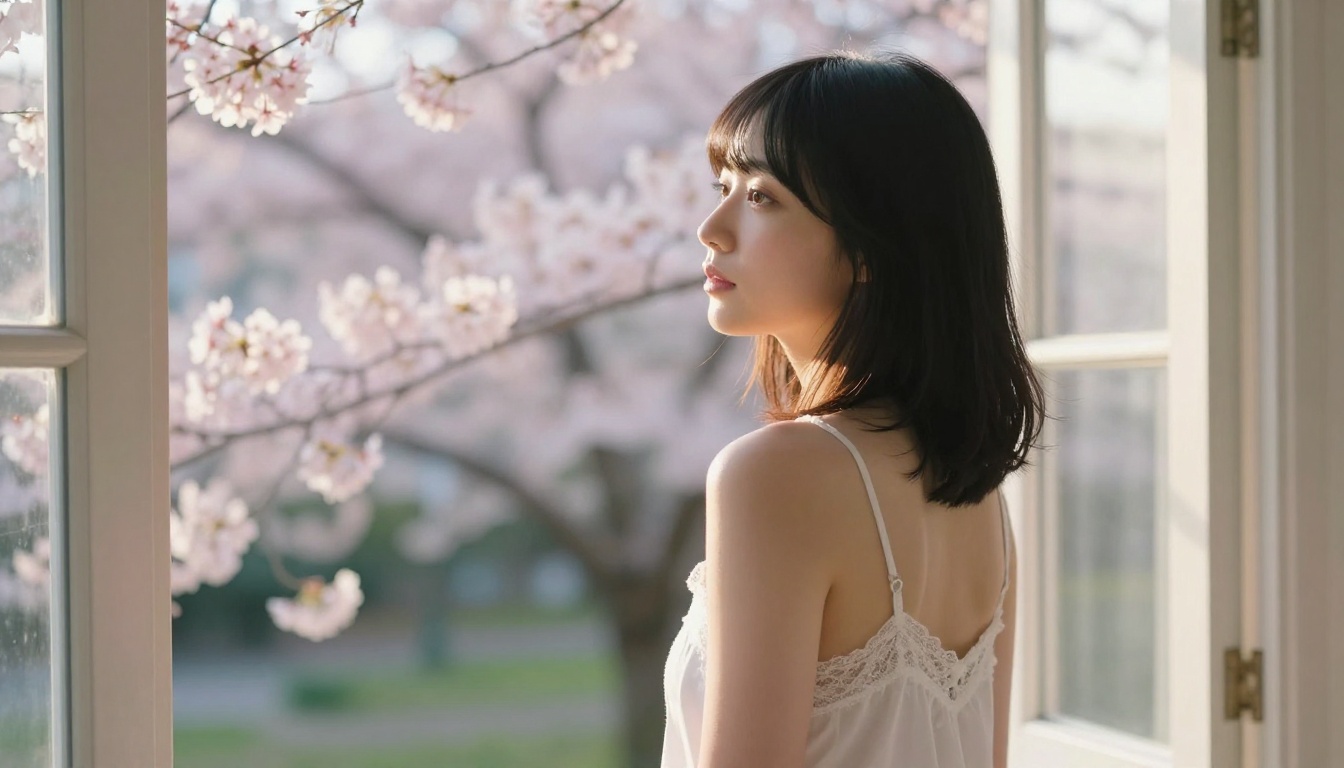 A woman gazing softly by a window, representing AI companion intimacy
