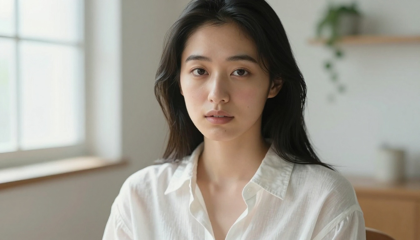 A Japanese woman seated near a bright window in a minimalist apartment, morning light