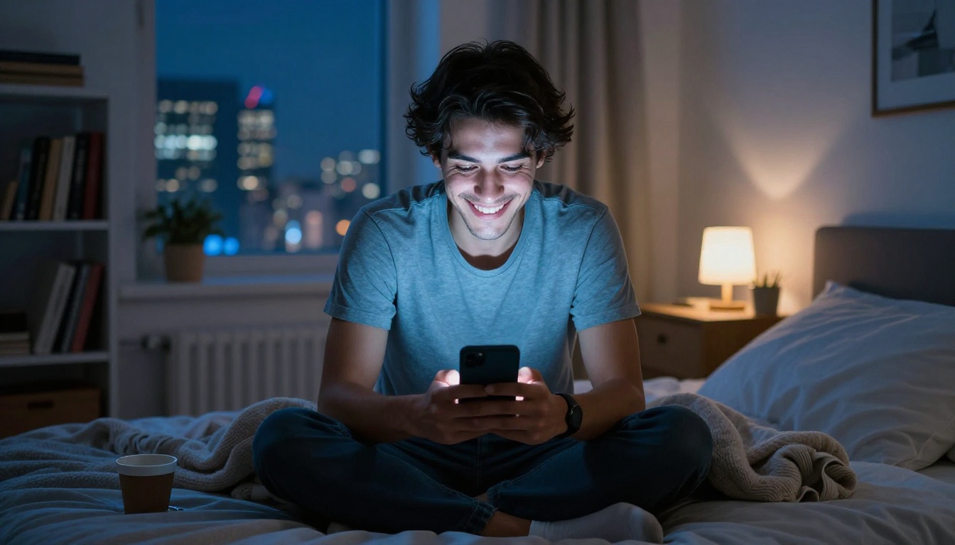 Man sitting cross-legged on his bed at 2am smiling at his smartphone screen with city lights glowing behind him through the window