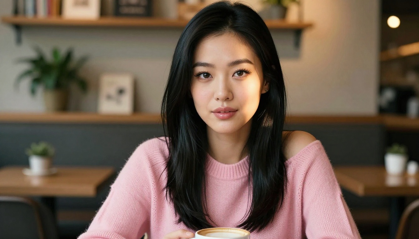 A beautiful Asian woman with natural confidence at a cozy cafe