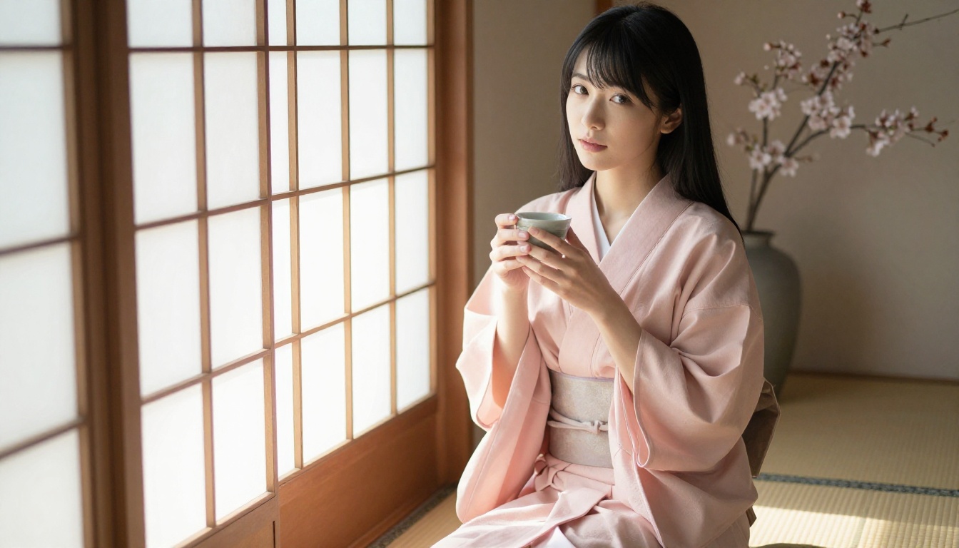Beautiful Japanese woman with silky black hair sitting gracefully on a plush window seat wearing a soft blush kimono robe, holding a delicate teacup with both hands and looking up with warm curious dark eyes