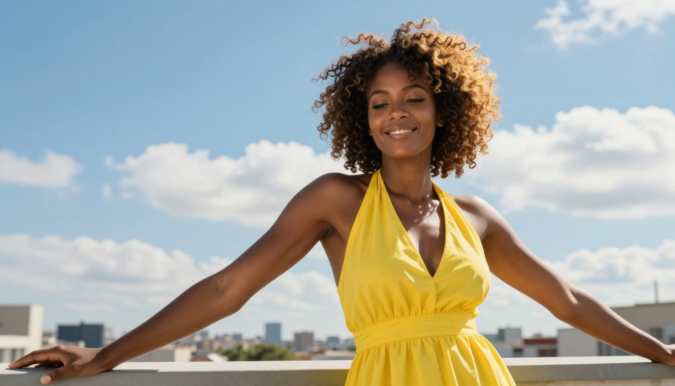 A radiant African woman on a rooftop terrace, arms open, natural curls backlit by midday sun