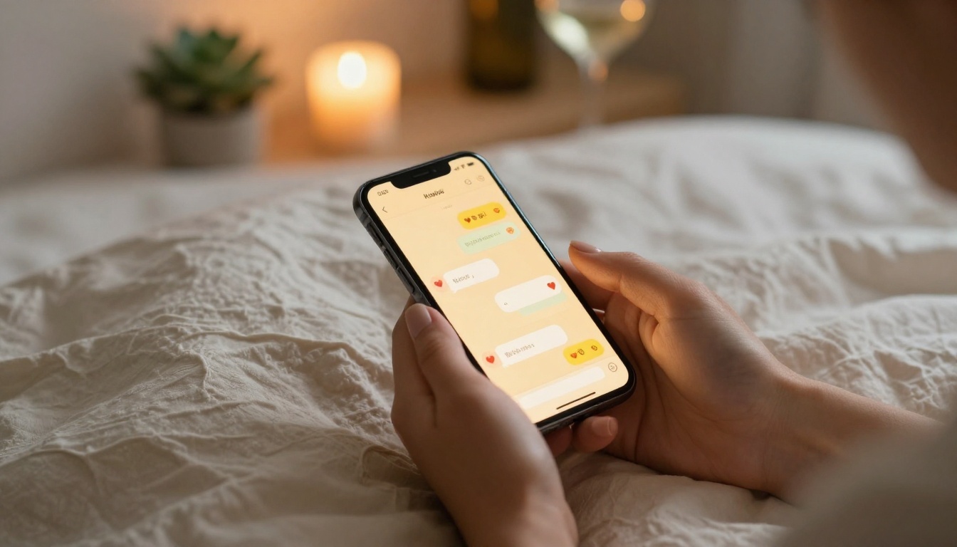 Close-up overhead shot of elegant hands holding a glowing smartphone with a warm chat conversation and heart emojis visible on screen, resting on a cream linen duvet with soft candlelight bokeh in the background