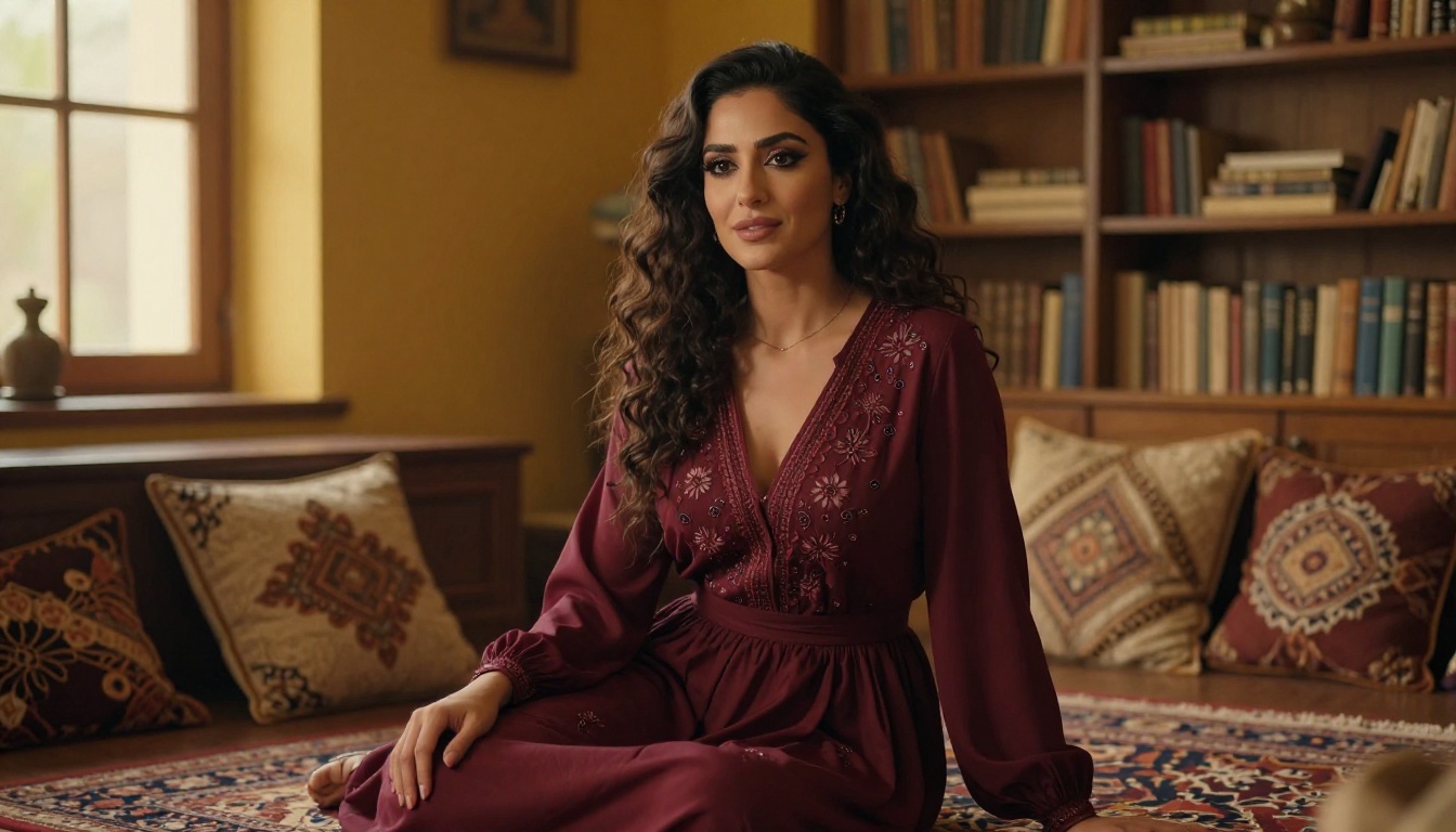A stunning Middle Eastern woman with warmth and intelligence in an artistic setting