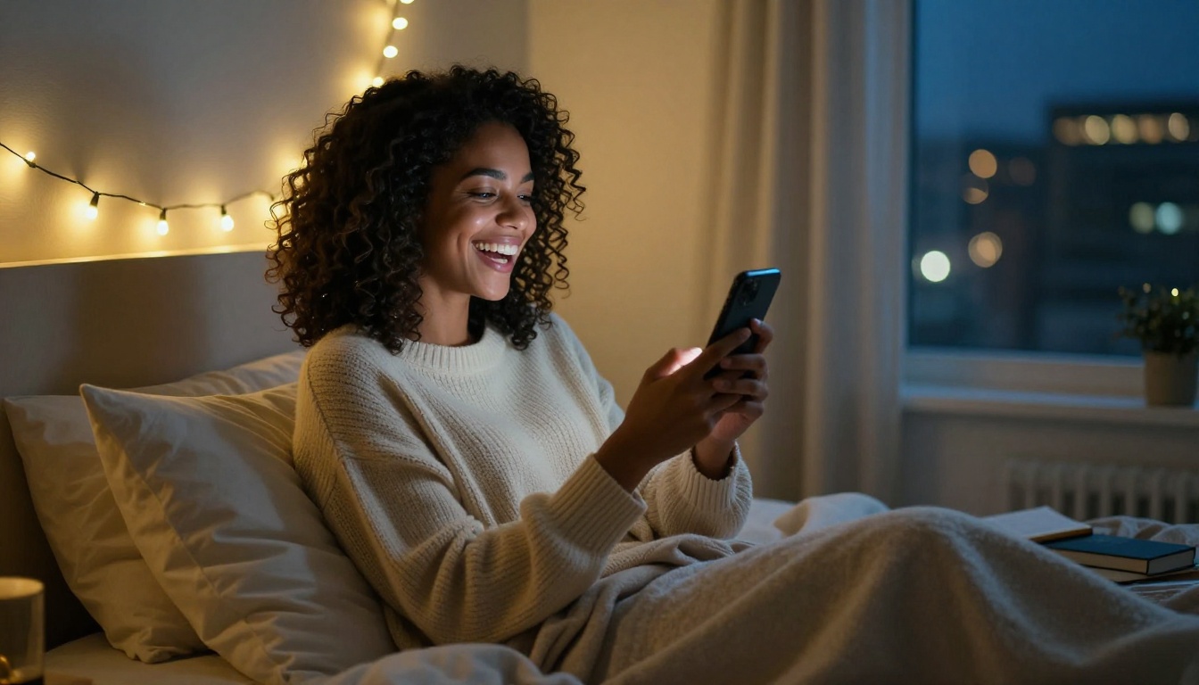 Beautiful young woman with natural curly hair and deep brown skin laughing joyfully while holding her phone, surrounded by warm fairy lights strung along the headboard in a cozy bedroom at midnight