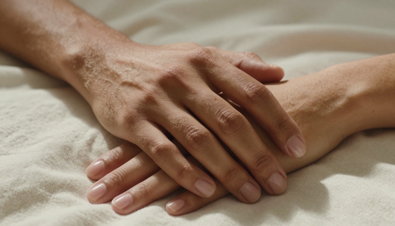 Intimate connection represented through two hands gently intertwined