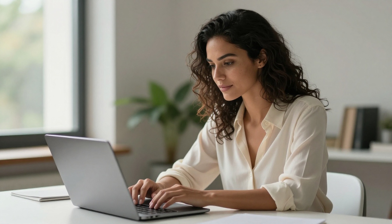 Woman with laptop in private setting, focusing on digital security and privacy