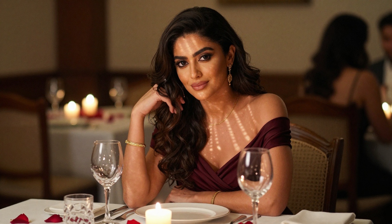Beautiful Middle Eastern woman with long dark wavy hair wearing a deep burgundy off-shoulder dress seated at a candlelit romantic dinner table, gazing directly at the camera with deep expressive dark eyes and a soft knowing smile