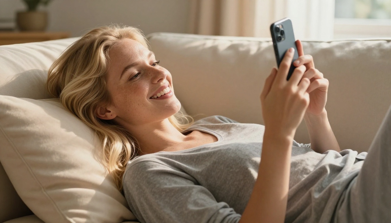 Beautiful European woman on phone in private cozy setting