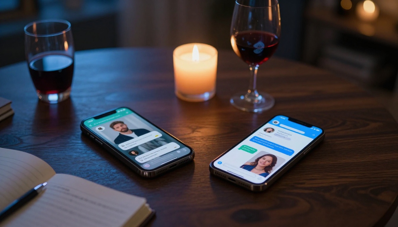 Two smartphones placed side by side on a dark mahogany desk at night, screens glowing warmly with active chat conversations, surrounded by a burning candle, a glass of red wine, and an open notebook in warm moody candlelight