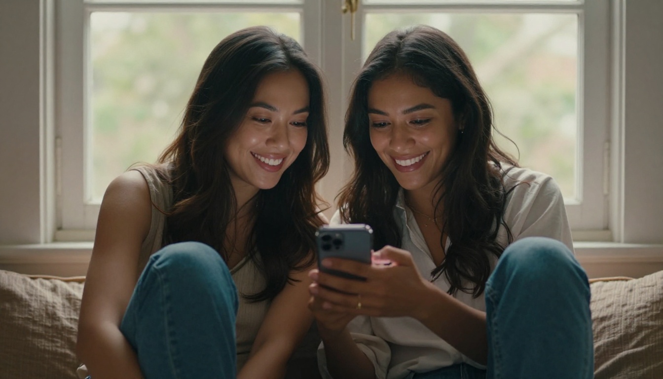 Two women of different ethnicities sharing a moment over a smartphone on a window seat, warm daylight