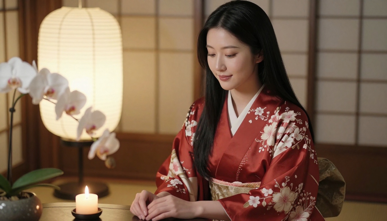 A beautiful Japanese woman in a serene kimono-inspired setting