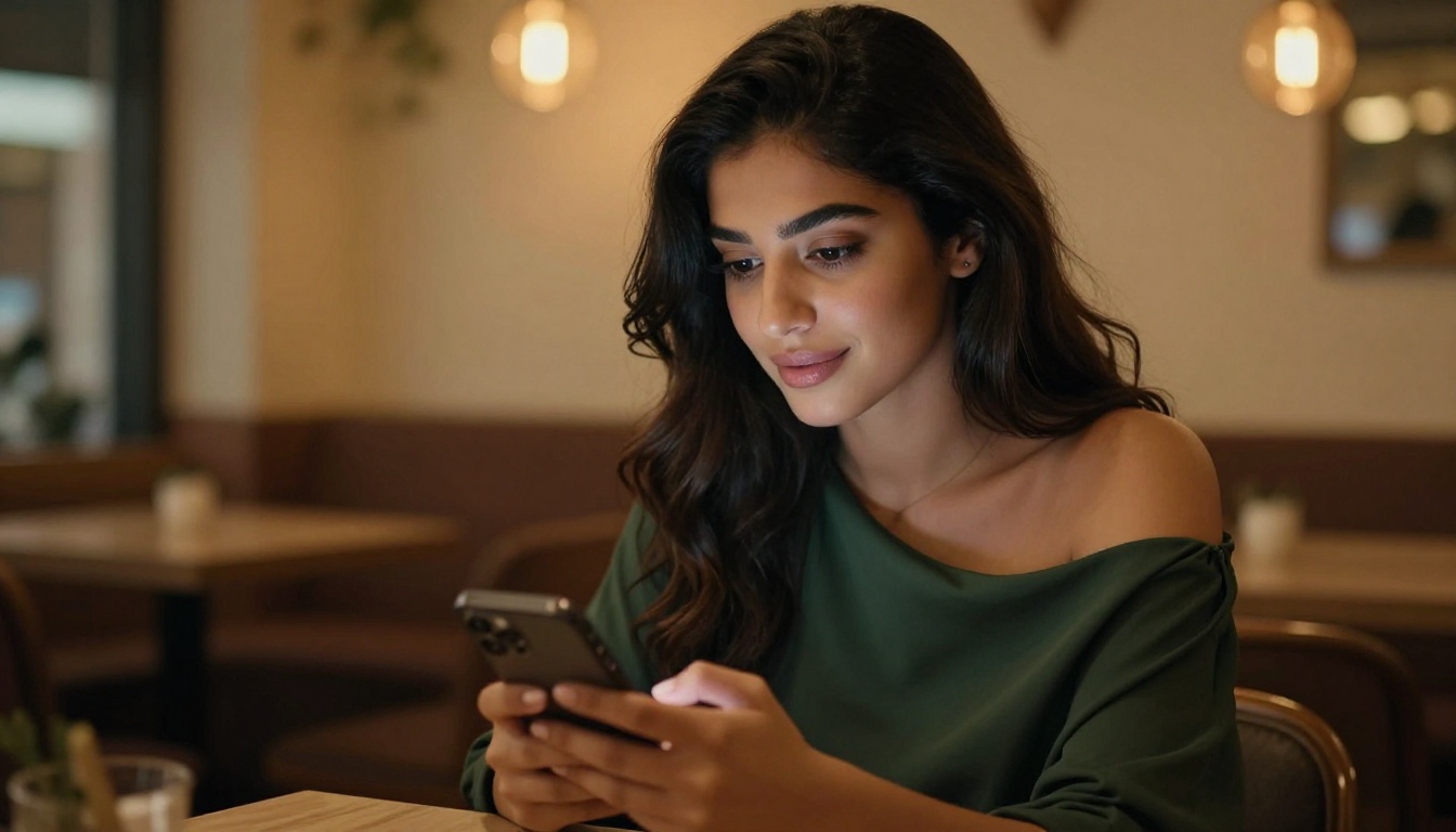 Middle Eastern woman in private cafe on a secure chat