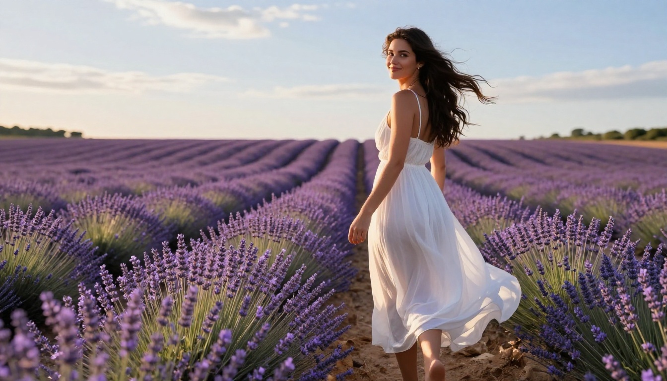 A beautiful woman in a lavender field, capturing freedom and the warmth of a genuine connection