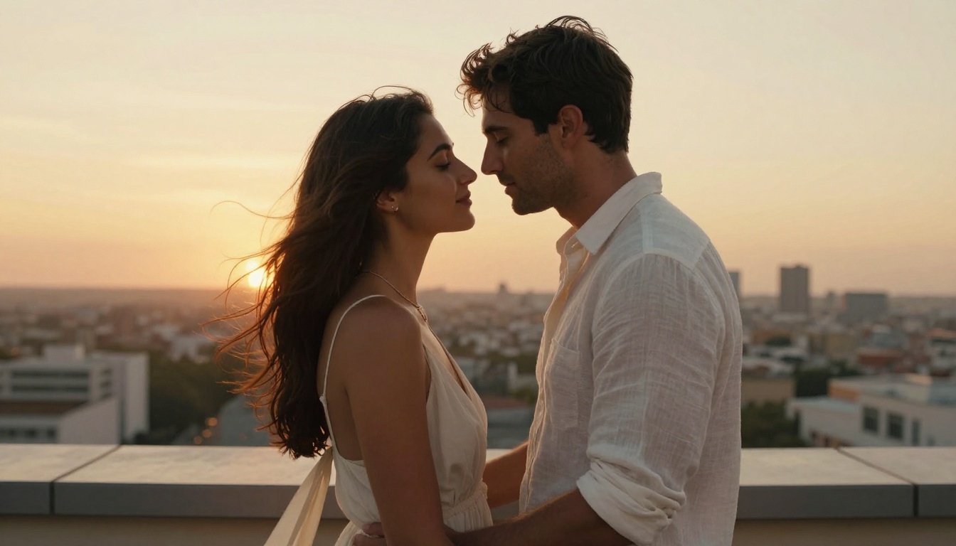 Intimate couple on private rooftop terrace at golden hour
