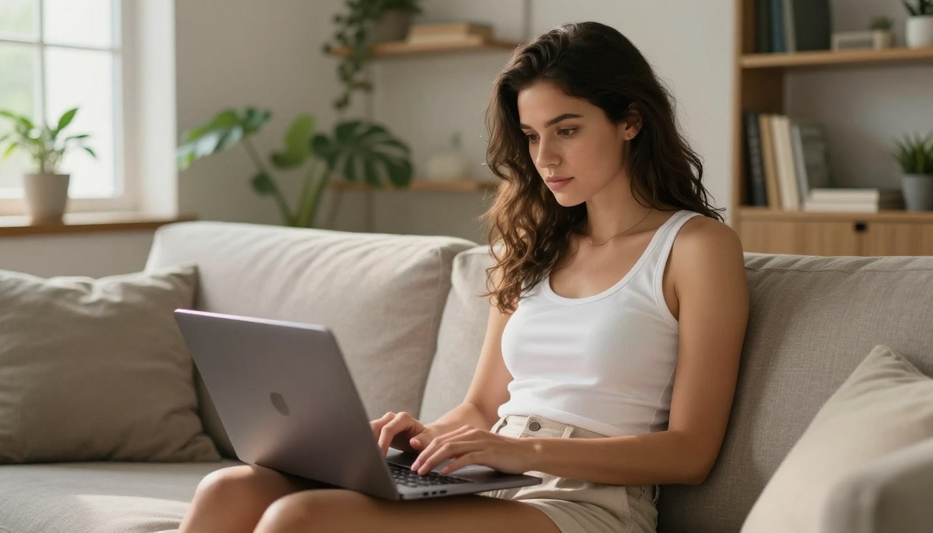 Woman using AI image platform on laptop in a bright home setup