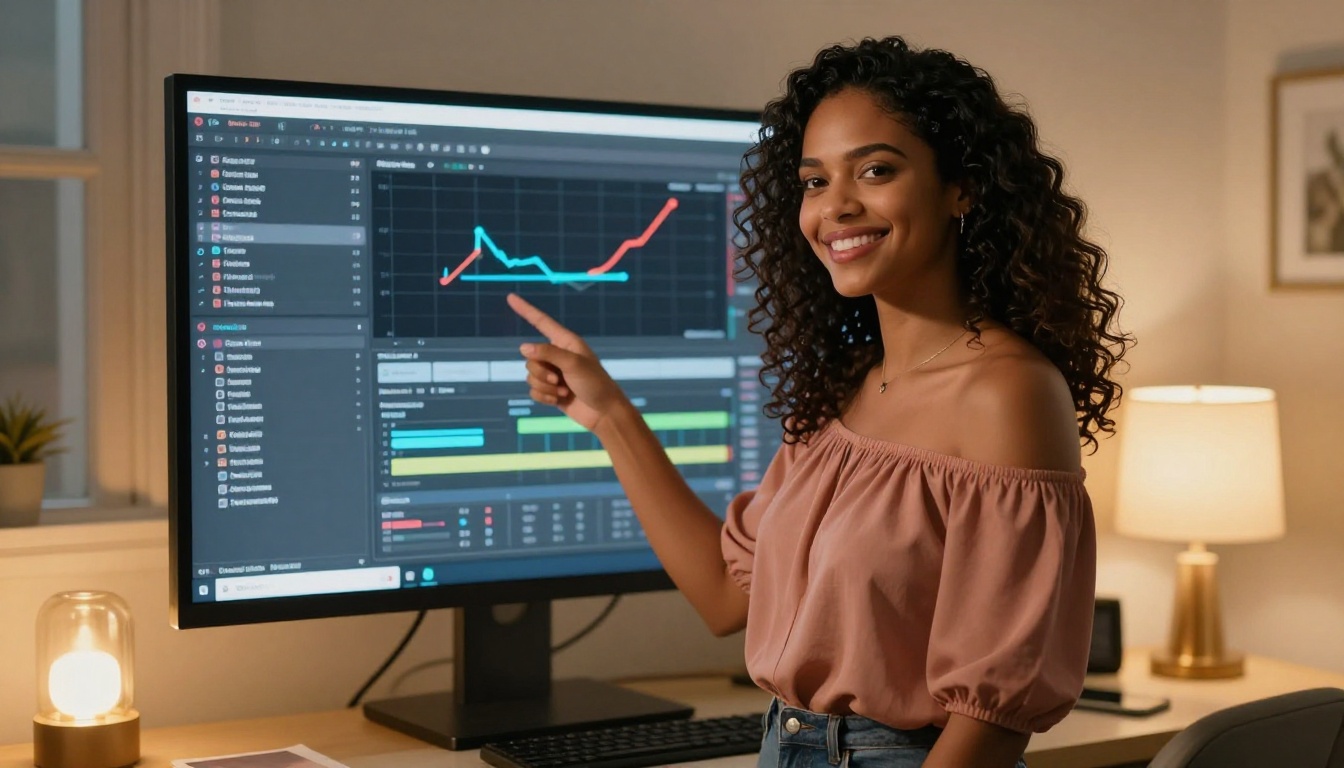 Latina woman working with AI creative interface on large monitor