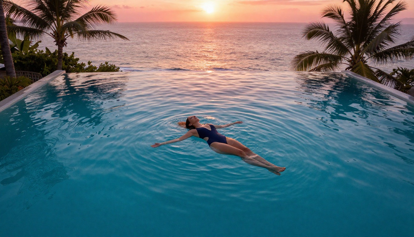 Aerial pool view with woman in navy swimsuit at sunset