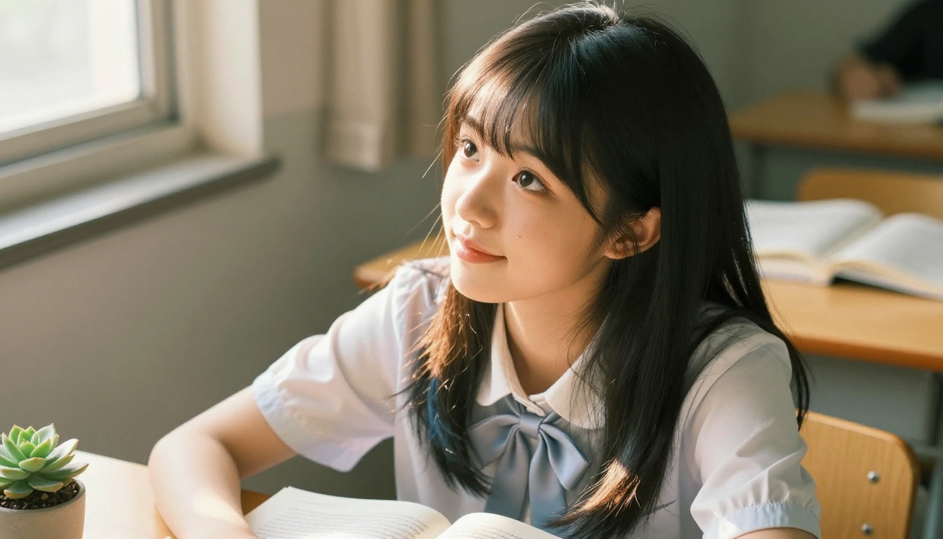 Anime-inspired woman sitting at a wooden study desk with warm golden hour light