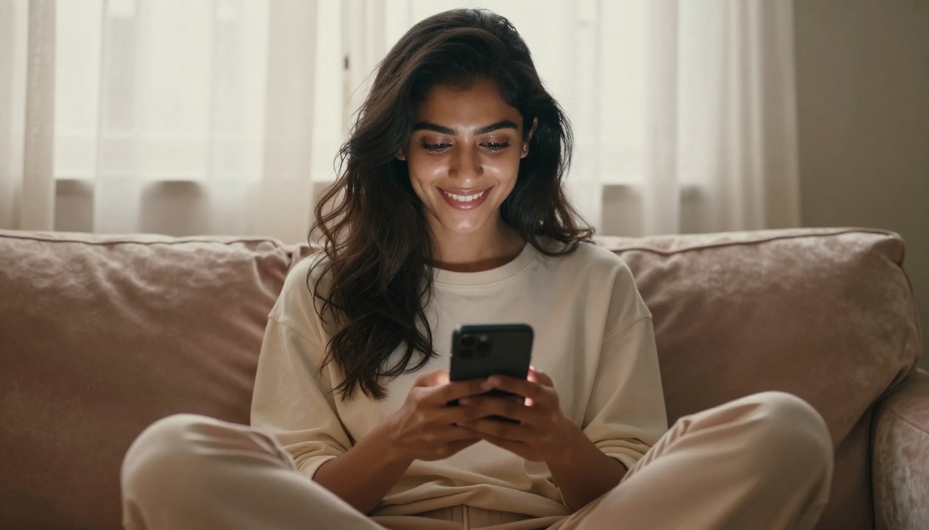 Woman sitting cross-legged on a velvet sofa, smiling at her smartphone in warm afternoon light