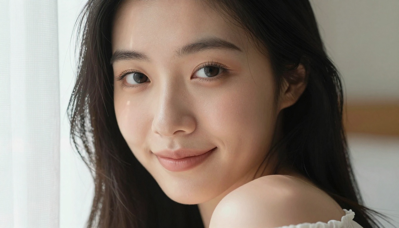 Close-up portrait of a stunning Asian woman with natural soft daylight