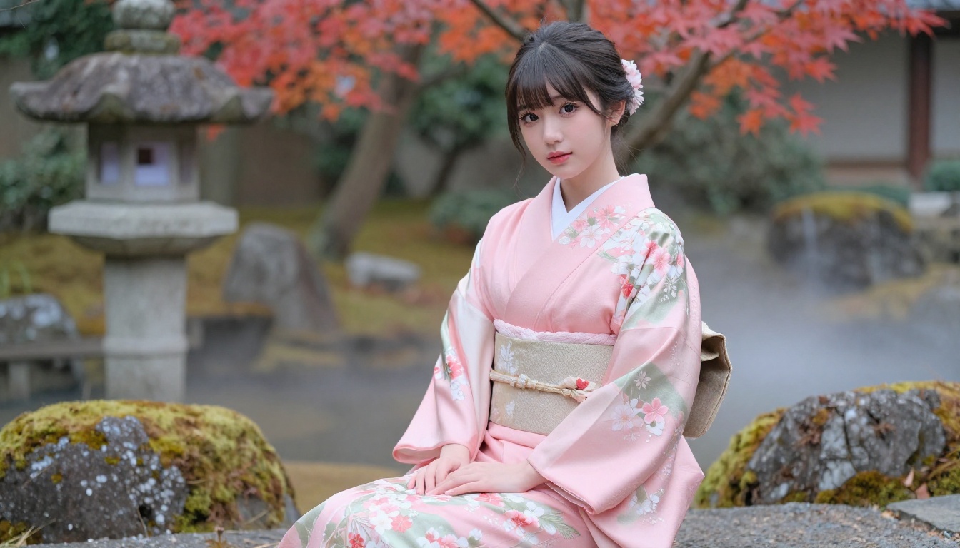Woman in an elegant traditional Japanese kimono sitting in a garden courtyard with stone lantern and maple tree