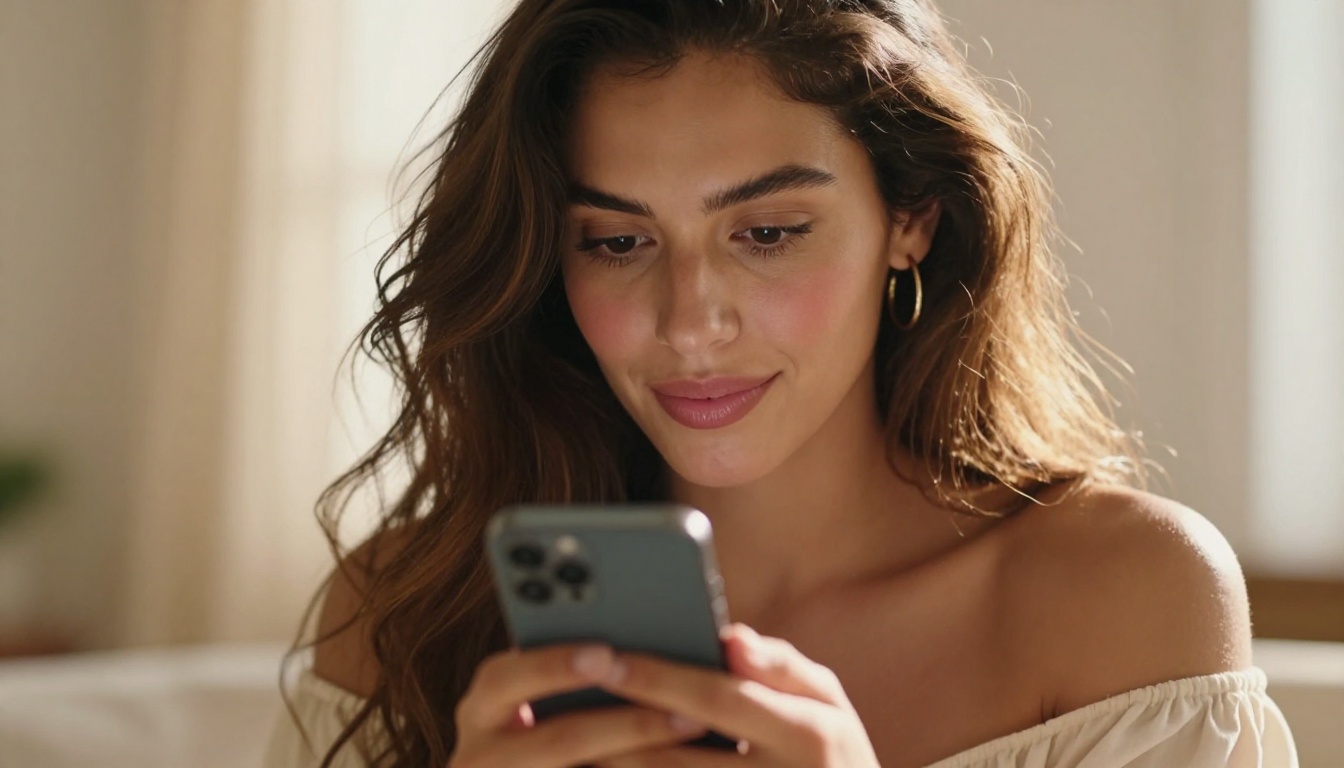 A Latina woman holding a smartphone, reading a message with a delighted smile, warm natural light