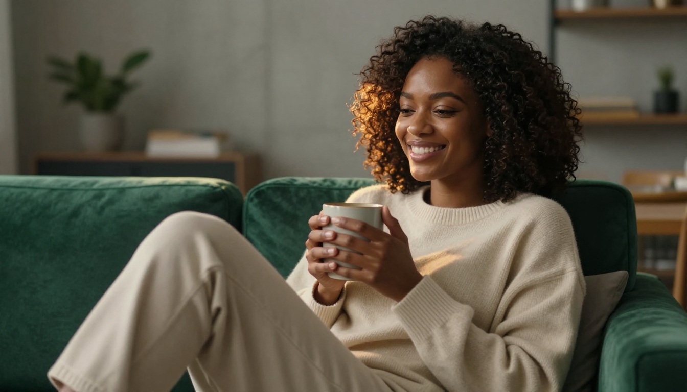 African-American woman laughing on emerald velvet couch with warm amber light