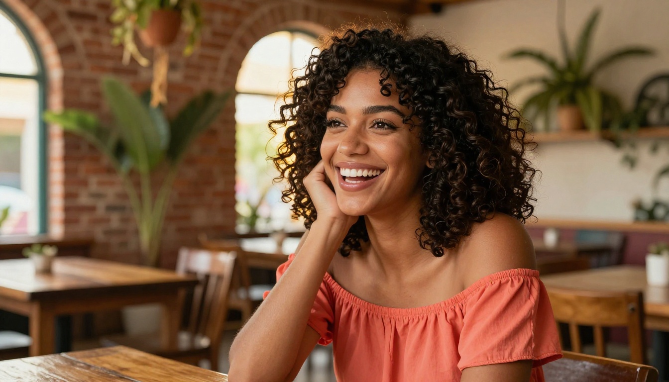 Latina woman laughing at a rustic cafe table, golden afternoon light through arched windows