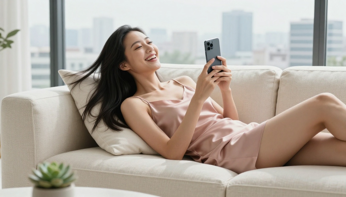 An Asian woman on a cream sofa laughing with a phone, morning light through large windows