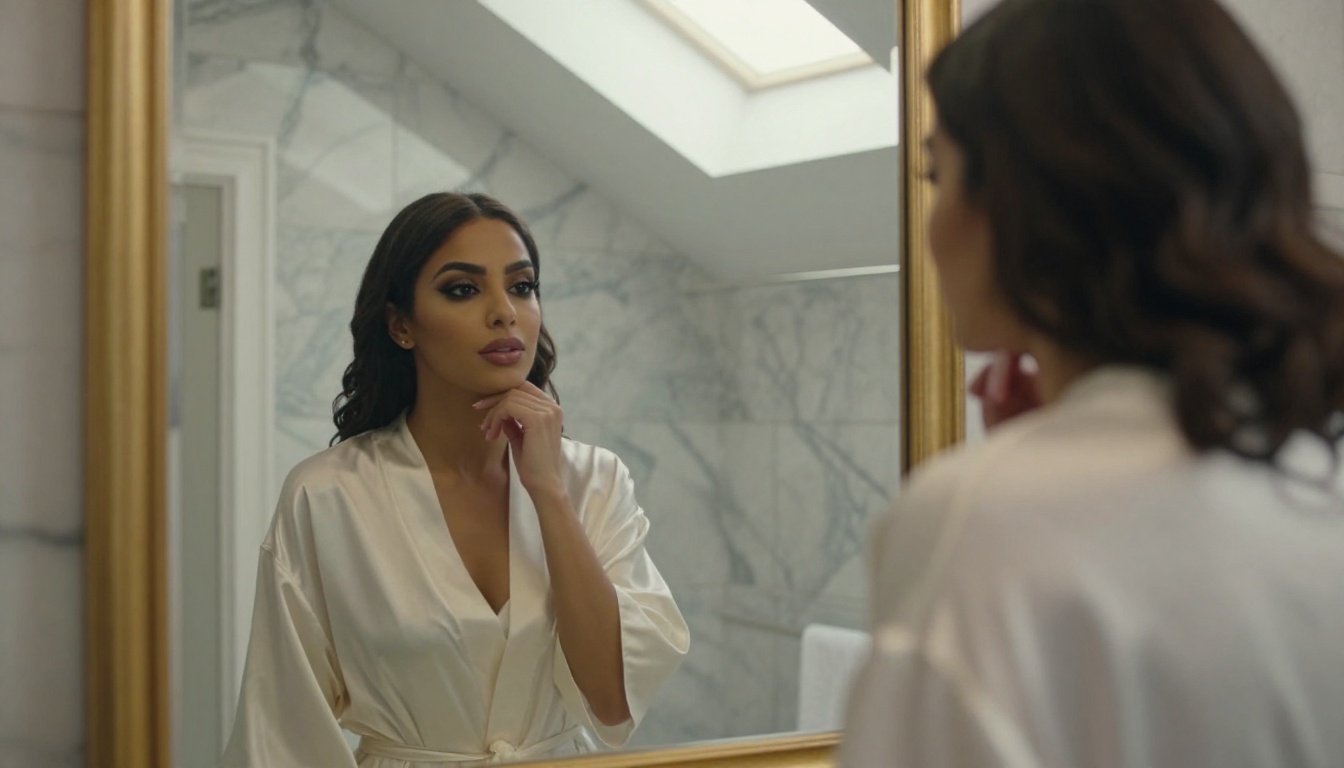 Middle Eastern woman in marble bathroom with gold mirror morning light