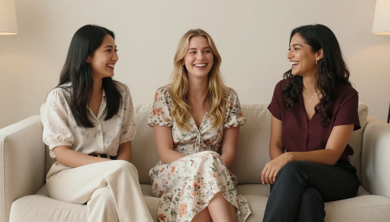 Three diverse young women sitting together on a cream sofa, laughing and talking in warm studio light
