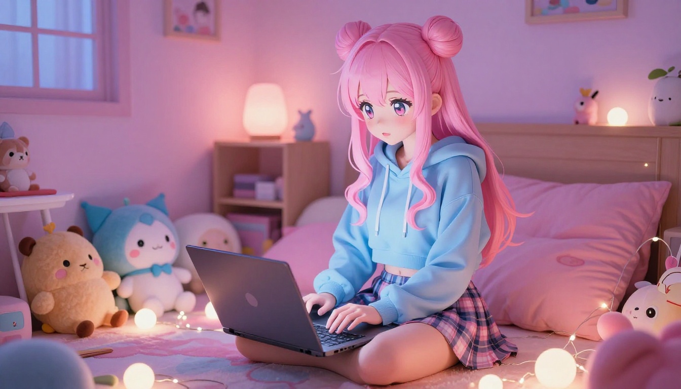 Anime-inspired Japanese girl with pink hair in colorful kawaii bedroom